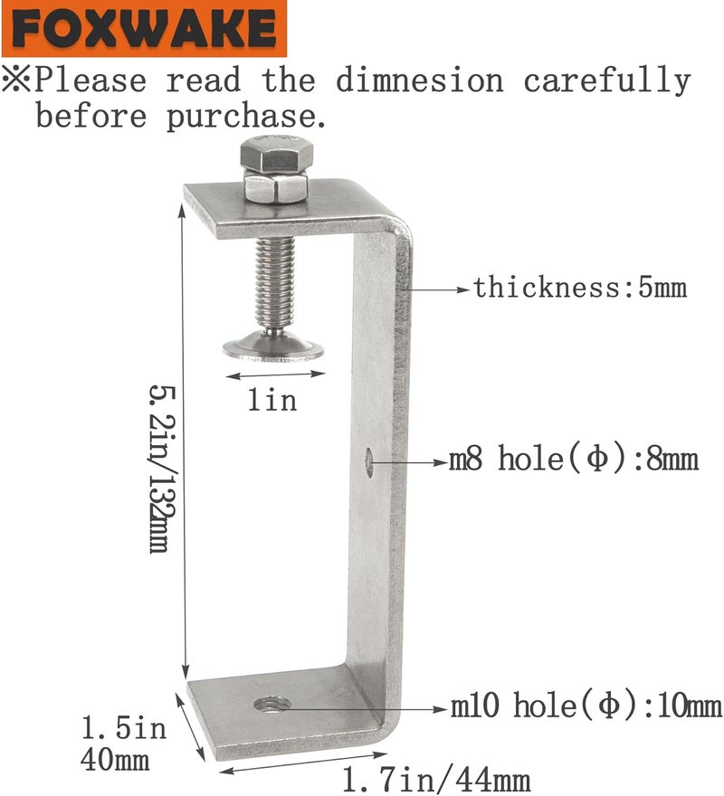 foxwake Stainless Steel C Clamps Small 5 Inch for Mounting, Heavy Duty U Clamps for Metal Working, Desk Clamp with Stable Wide Jaw Opening & Protective Pads/I-Beam Design (2pcs) - Image 2